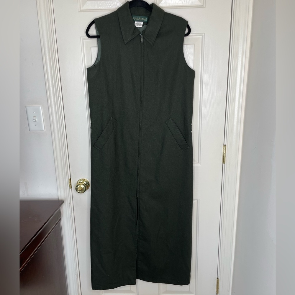 Harvé Benard Wool Zip Front Sleeveless Midi Dress  8 Dark Green Wool Vest Dress